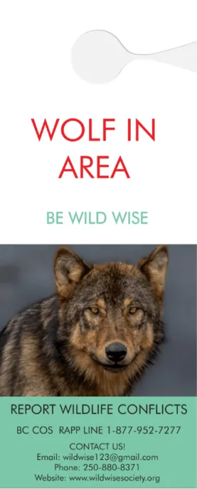Door hanger, front: Wolf in area. Be Wild Wise. A wolf's face. Report wildlife conflicts: BC COS RAPP line 1-877-952-7277. Contact us: wildwise123@gmail.com, 250-880-8371.