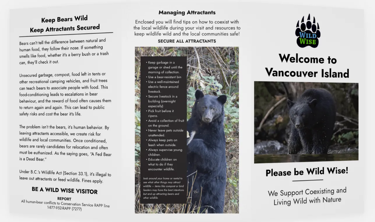 Outside of Wild Wise's tri-fold visitor brochure: Welcome to Vancouver Island, please be Wild Wise, with panels on keeping bears wild and managing attractants.